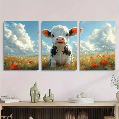 3pcs Floral Meadow Scene with Blue Sky & White Metal Print Ready to Hang Art