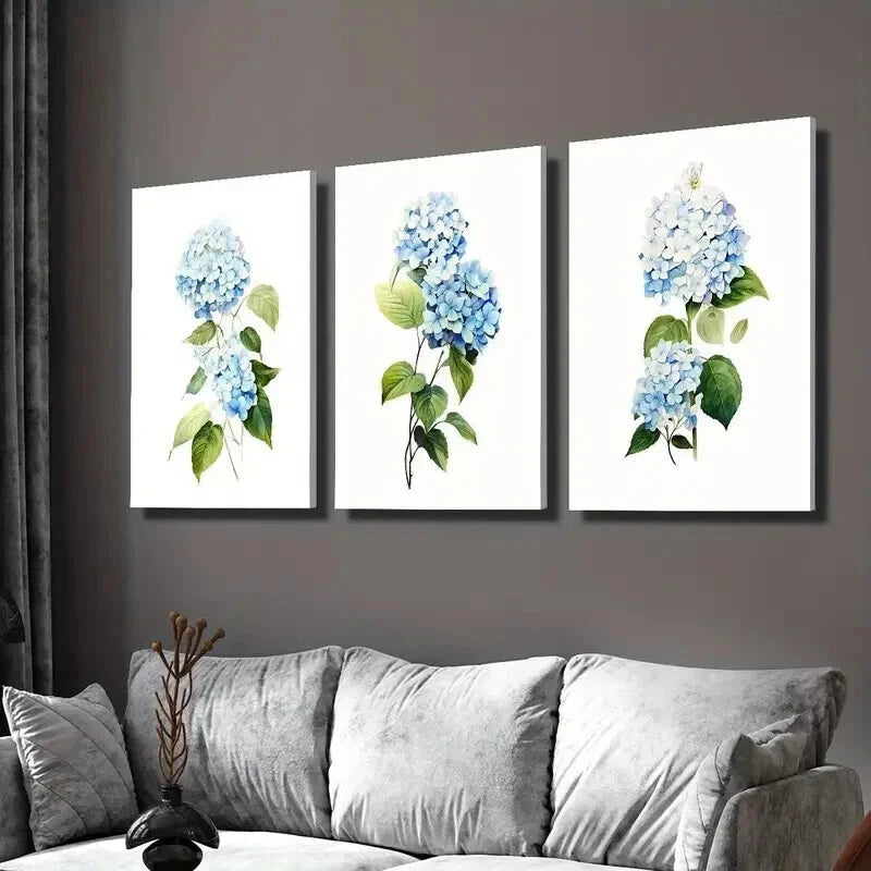 3pcs Blue Hydrangea with Green Leaves Wall Art Set Canvas Framed 40x60cm - High Quality Print 100% Australian Made Wall Canvas Ready to Hang
