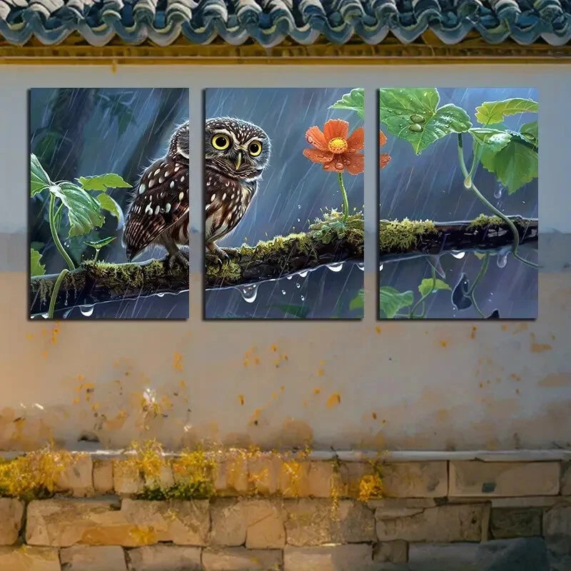 3pcs Nature-Themed Owl on Branch Design Metal Print Ready to Hang Art