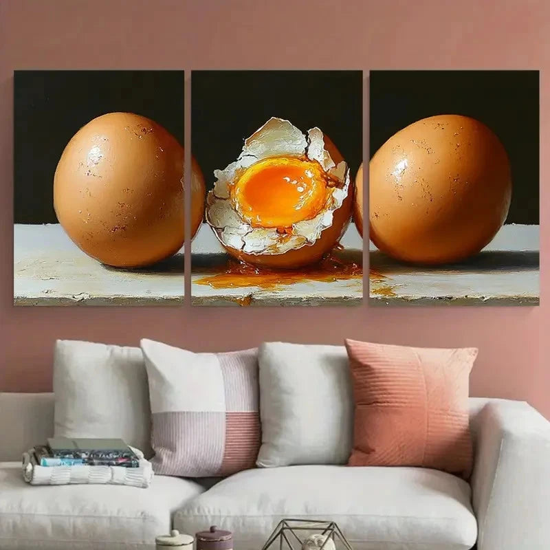 3pcs Kitchen Food Still Life Broken Cracked Egg Wall Art Set Canvas Framed 40x60cm - High Quality Print 100% Australian Made Wall Canvas Ready to Hang