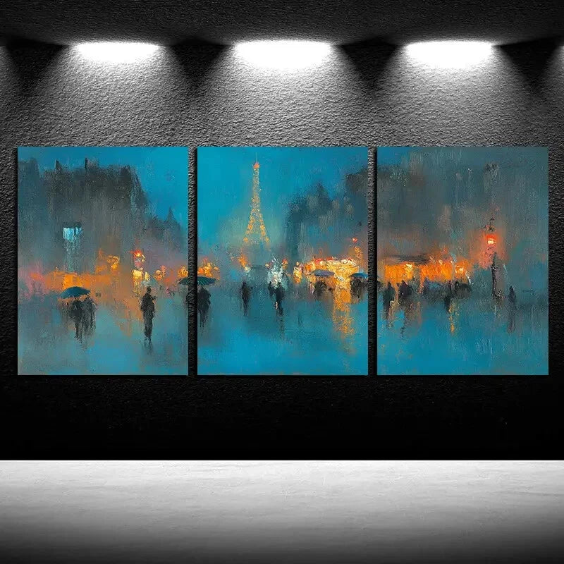 3pcs Vibrant Nighttime Eiffel Tower & Rainy Street Metal Print Ready to Hang Art