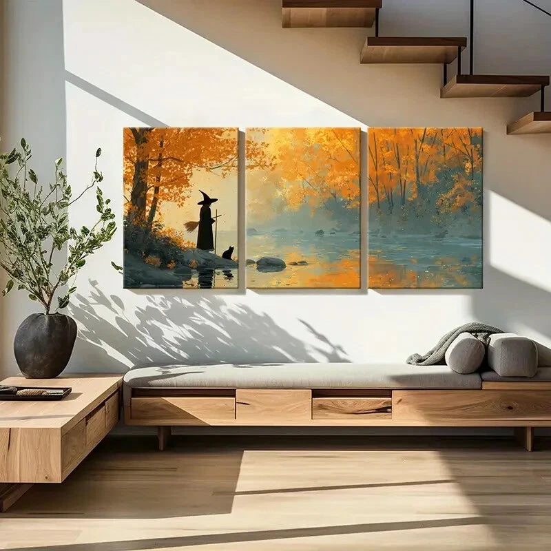 3pcs Autumn Forest Witch Silhouette Serene Lake Metal Print Ready to Hang Art