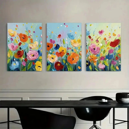 3pcs Colorful Flowers Painted with Simple Brushes Metal Print Ready to Hang Art