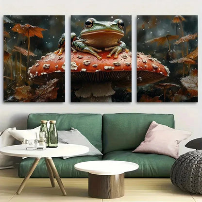 3pcs Frog Sitting on a Enchanted Mushroom Forest Metal Print Ready to Hang Art
