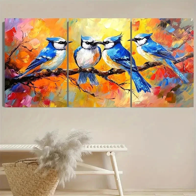 3pcs Beautiful Bluejays On A Tree Branch Metal Print Ready to Hang Art
