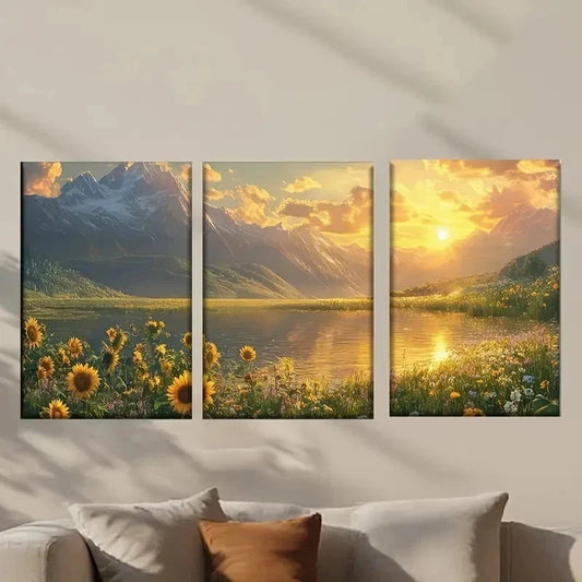 3pcs Stunning Sunset Above a Mountain Lake Wall Art Set Canvas Framed 40x60cm - High Quality Print 100% Australian Made Wall Canvas Ready to Hang