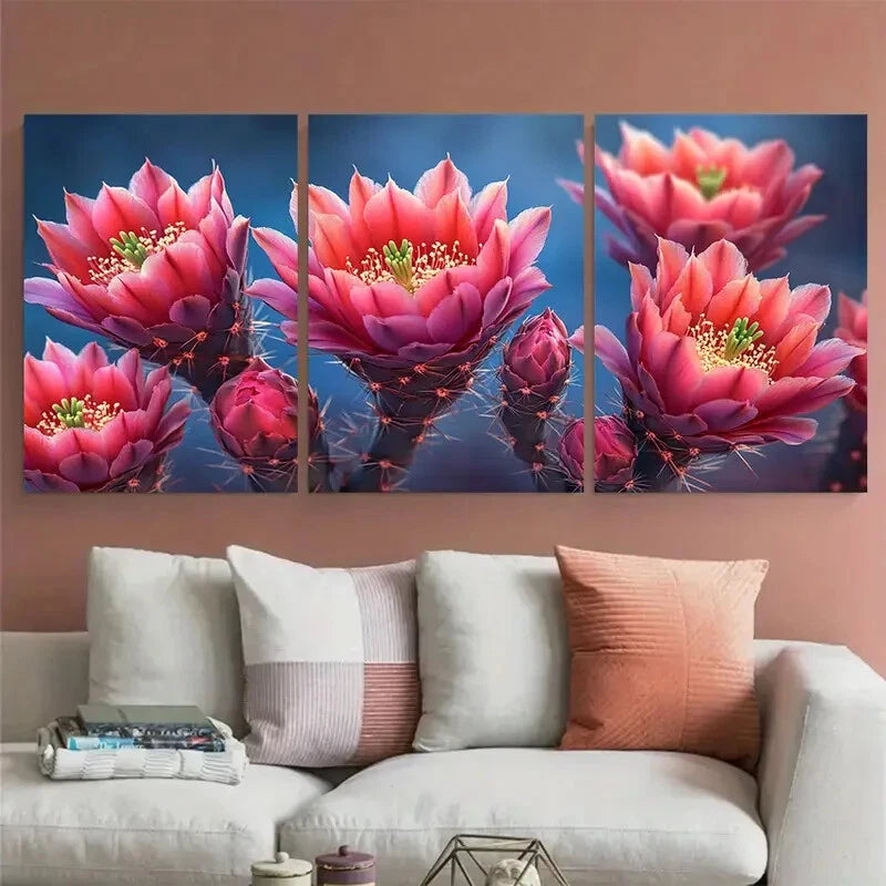 3pcs Vibrant Pink Blooming Flowering Cactus Floral Metal Print Ready to Hang Art