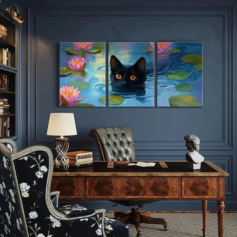 3pcs Black Cat with Vibrant Water Lilies Metal Print Ready to Hang Art