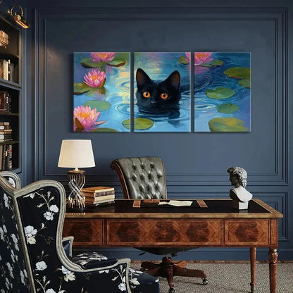 3pcs Black Cat with Vibrant Water Lilies Metal Print Ready to Hang Art