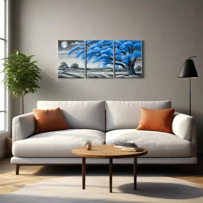 3pcs Black And White Blue Tree Moon Metal Print Ready to Hang Art