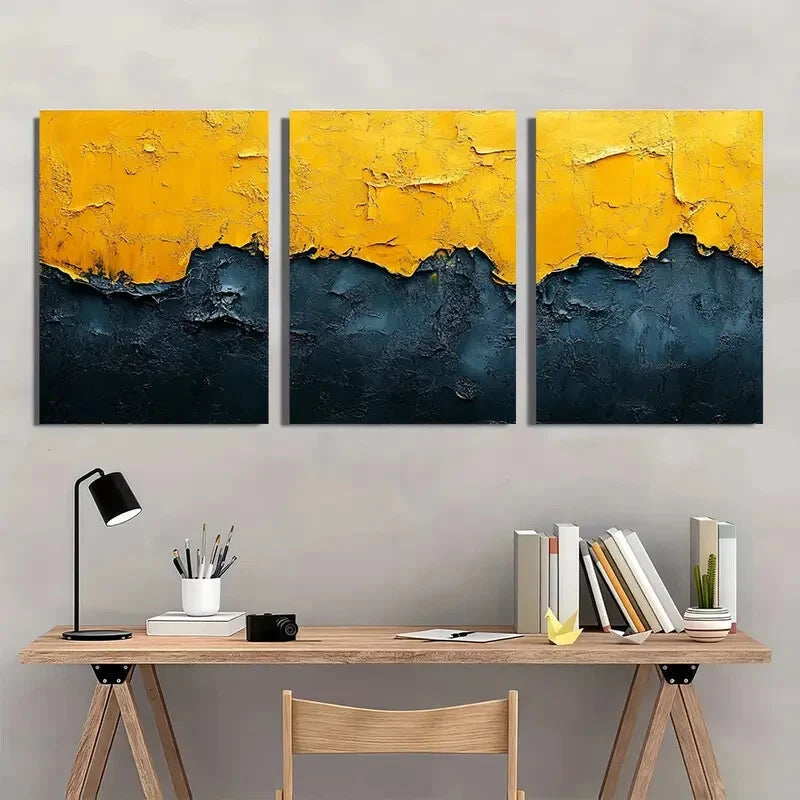 3pcs Abstract Yellow & Black Minimalist Textured Metal Print Ready to Hang Art