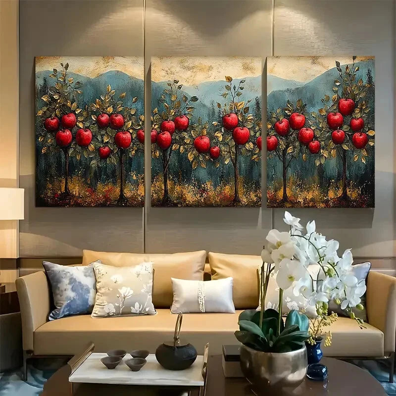 3pcs Crimson Apple Orchard Metal Print Ready to Hang Art