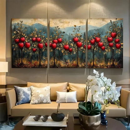 3pcs Crimson Apple Orchard Metal Print Ready to Hang Art