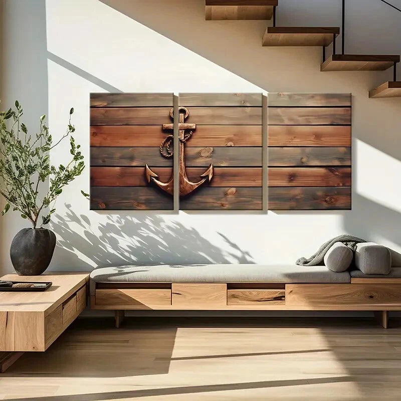3pcs Coastal Nautical Anchor Wooden Metal Print Ready to Hang Art