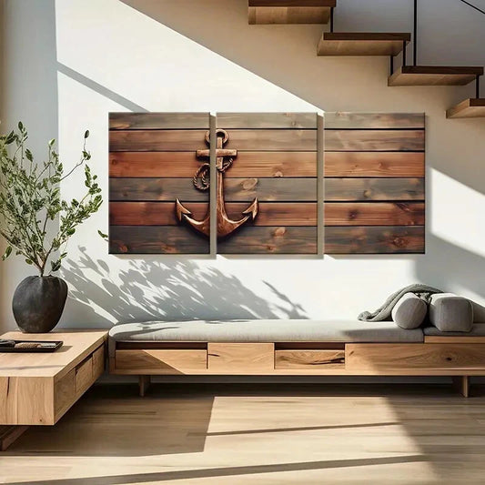 3pcs Coastal Nautical Anchor Wooden Metal Print Ready to Hang Art