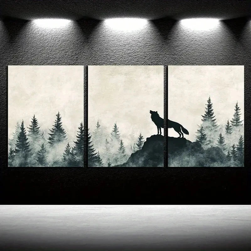 3pcs Howling Wolf Forest Silhouette Design Metal Print Ready to Hang Art