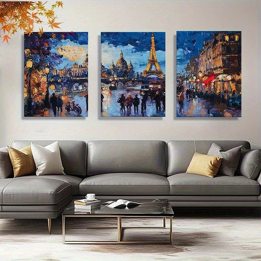 Three colorful cityscape paintings above a gray sofa in a living room.