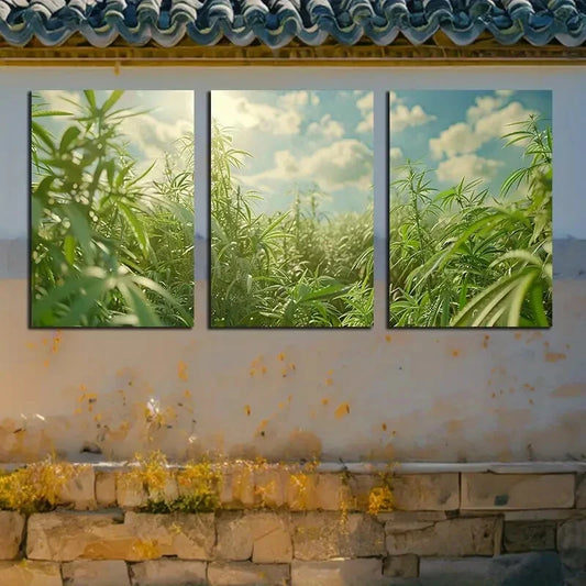 3pcs Hemp Field Greenery with Blue Sky Metal Print Ready to Hang Art