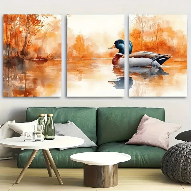 3pcs Duck In Pond Watercolor Metal Print Ready to Hang Art