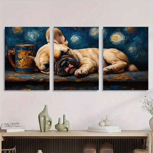 3pcs Bulldog Sleeping Van Gogh Starry Night Metal Print Ready to Hang Art
