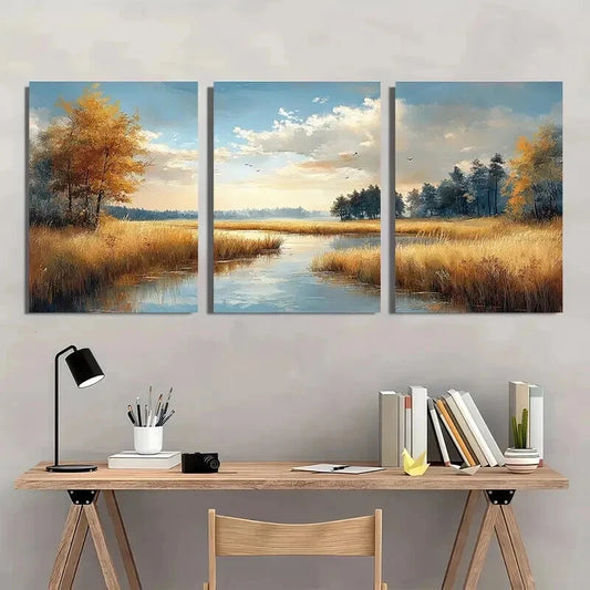 3pcs Sunlit Grasslands Trees & Reflections Wall Art Set Canvas Framed 40x60cm - High Quality Print 100% Australian Made Wall Canvas Ready to Hang