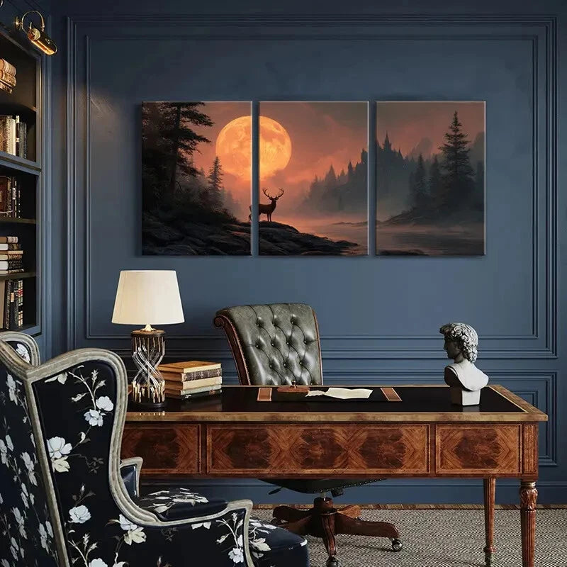 3pcs Mystical Forest Castle Deer Silhouette Metal Print Ready to Hang Art