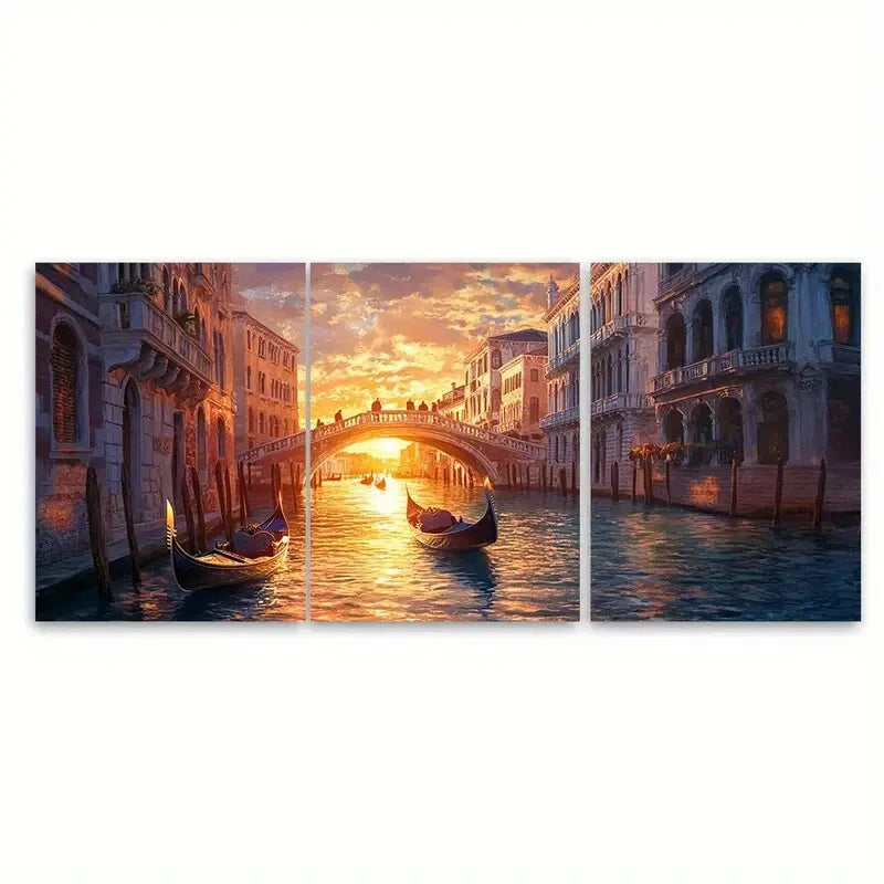 3pcs Venice Canal Sunset Gondolas & Bridges Metal Print Ready to Hang Art