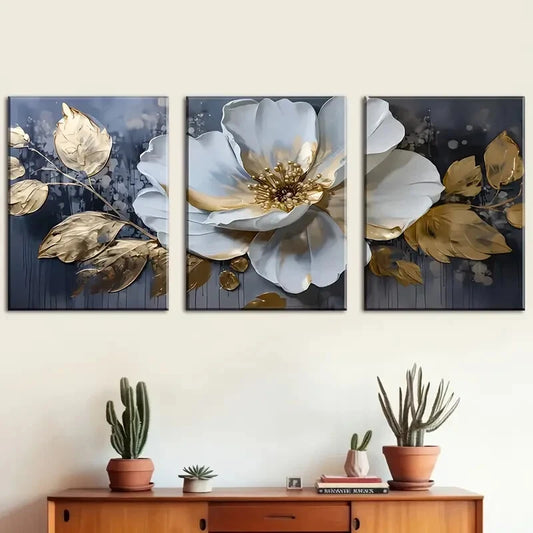 3pcs   Modern Abstract Floral Big White Flowers  Metal Print Ready to Hang Art