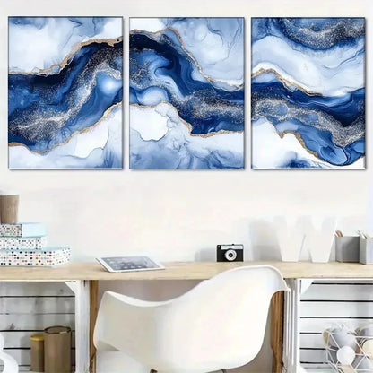 3pcs Blue and Golden Abstract Wave Metal Print Ready to Hang Art