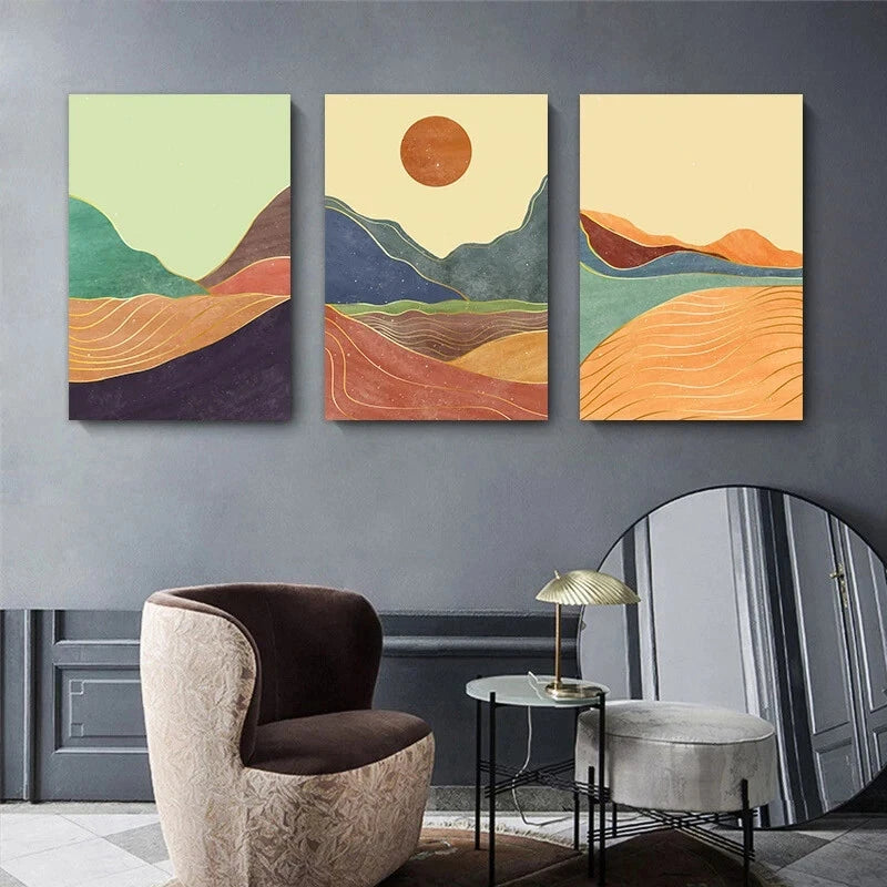 3pcs Cartoon Mountain Sun Brown Metal Print Ready to Hang Art
