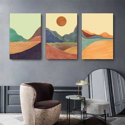 3pcs Cartoon Mountain Sun Brown Metal Print Ready to Hang Art