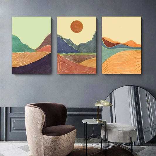 3pcs Cartoon Mountain Sun Brown Metal Print Ready to Hang Art