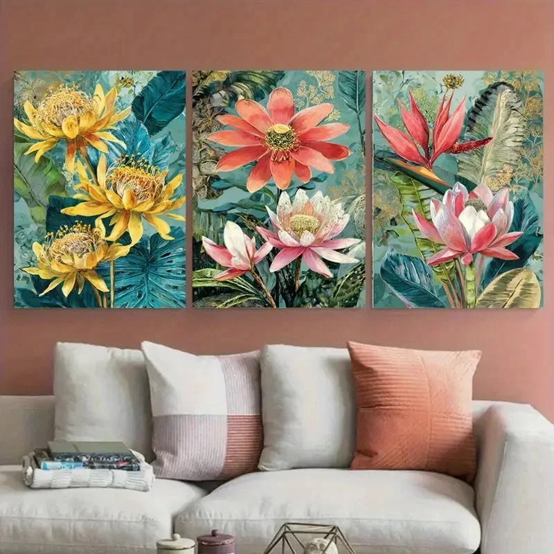 3pcs Nepal Travel Botanical Illustration Wall Art Set Canvas Framed 50x70cm - High Quality Print 100% Australian Made Wall Canvas Ready to Hang