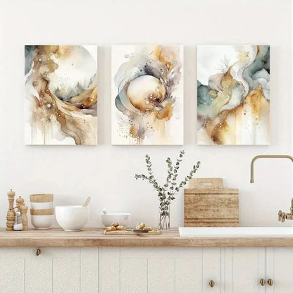 3pcs Golden Beige Gray Painting Artwork Metal Print Ready to Hang Art