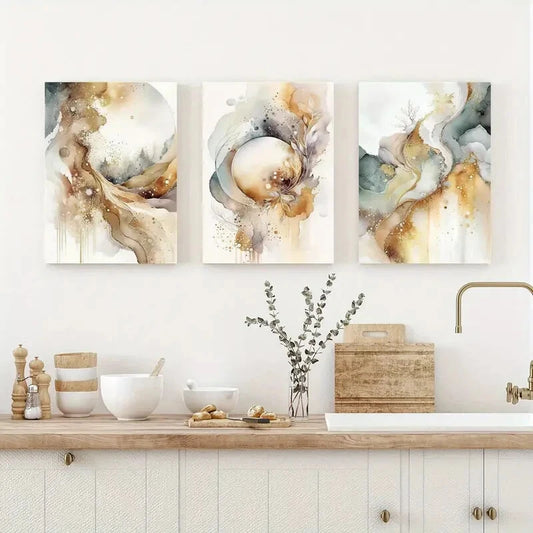 3pcs Golden Beige Gray Painting Artwork Metal Print Ready to Hang Art