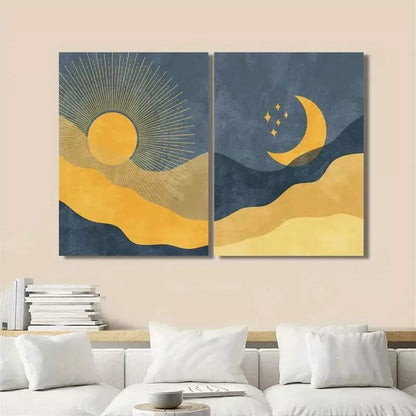 2pcs desert night scene, celestial art, sun and moon art  Canvas Framed 50x75cm - High Quality Print 100% Australian Made Wall Canvas Ready to Hang