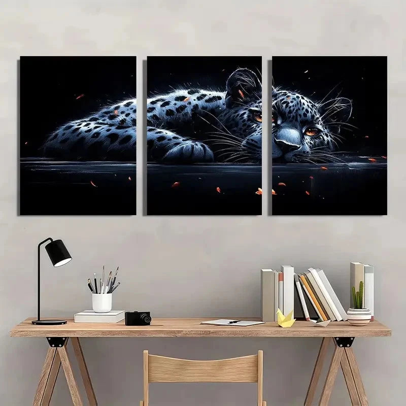 3pcs Black White Lying Leopard Animal Wall Art Set Canvas Framed 40x60cm - High Quality Print 100% Australian Made Wall Canvas Ready to Hang