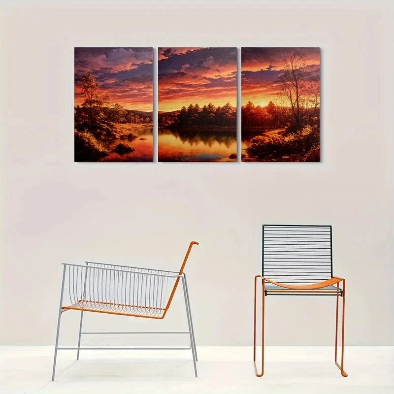 3pcs Sunset Lake Serene Nature Scene Earthy Tones Metal Print Ready to Hang Art