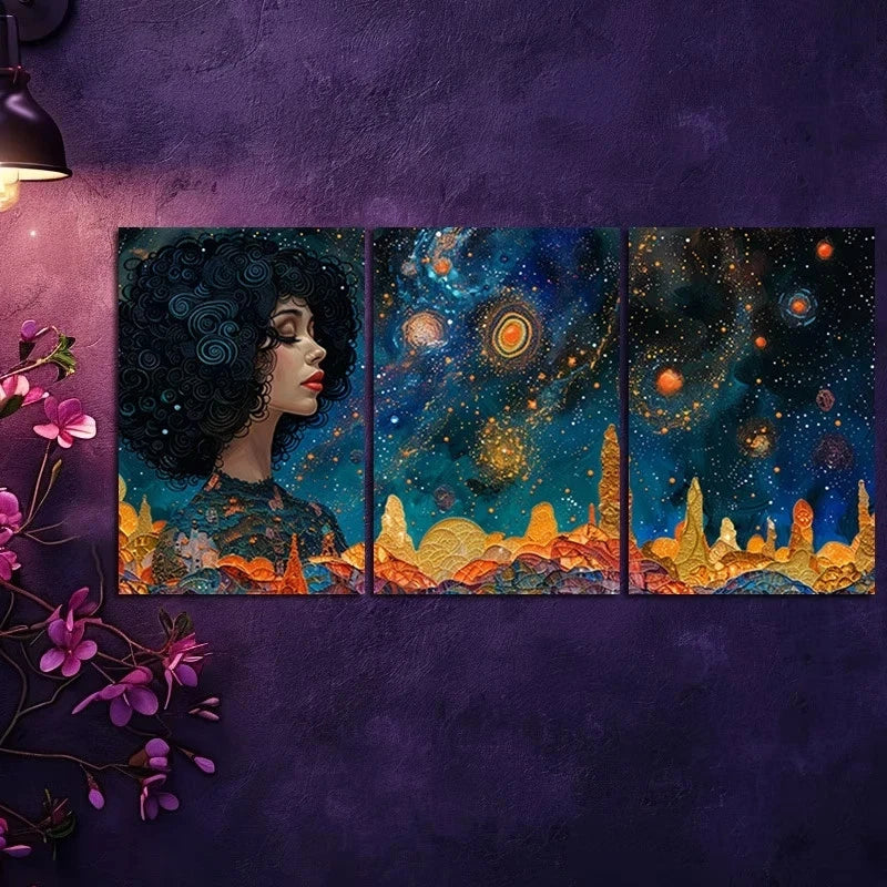 3pcs Woman Looking into a Cosmic Landscape Metal Print Ready to Hang Art