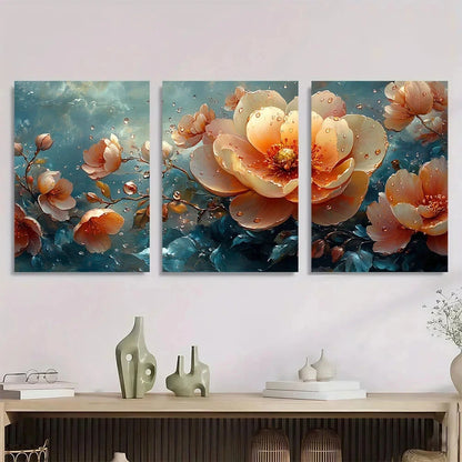 3pcs Vibrant Peach & Orange Blossoms with Dewy Metal Print Ready to Hang Art