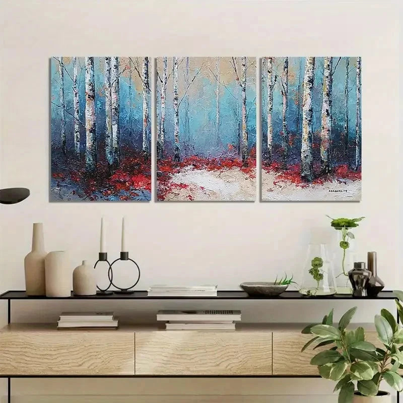 3pcs Abstract Winter Birch Forest with Red Leaves Metal Print Ready to Hang Art