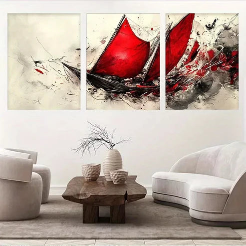 3pcs Abstract Sailing Ship Bold Red Sails Wall Art Set Canvas Unframed - High Quality Print 100% Australian Made Wall Canvas