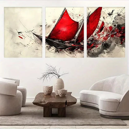 3pcs Abstract Sailing Ship Bold Red Sails Wall Art Set Canvas Unframed - High Quality Print 100% Australian Made Wall Canvas
