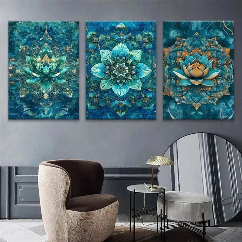 3pcs Symmetrical Floral & Geometric Patterns Metal Print Ready to Hang Art