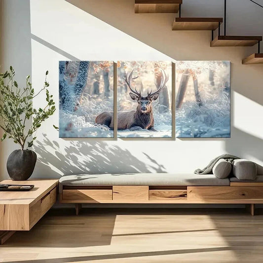 3pcs Buck Deer Stag with Snow Painting Wall Art Set Canvas Framed 40x60cm - High Quality Print 100% Australian Made Wall Canvas Ready to Hang