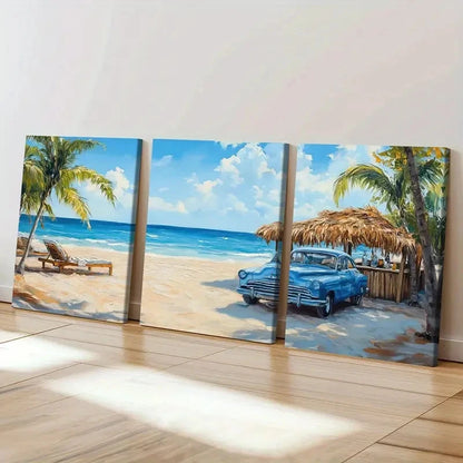 3pcs Australian Beach & Palm Trees Vintage Car Wall Art Set Canvas Framed 60x90cm - High Quality Print 100% Australian Made Wall Canvas Ready to Hang