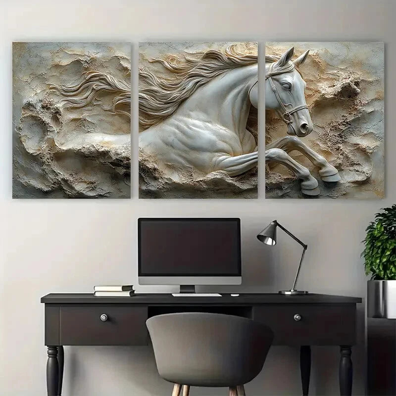 3pcs Neutral Stone Sculptural Equestrian Metal Print Ready to Hang Art
