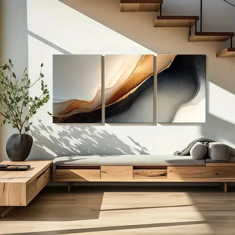 3pcs Abstract Art Golden Glitter Flowing Lines Metal Print Ready to Hang Art