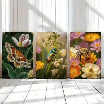 3pcs Butterfly Beetle Bee Flowers Painting Metal Print Ready to Hang Art