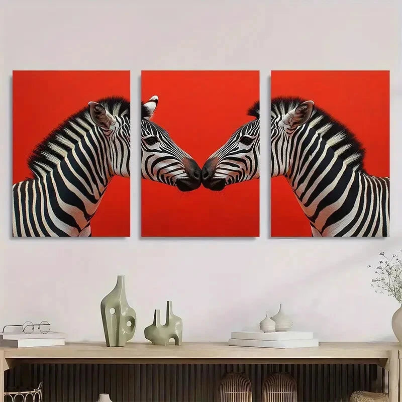 3pcs Black & White Zebras on Red Metal Print Ready to Hang Art